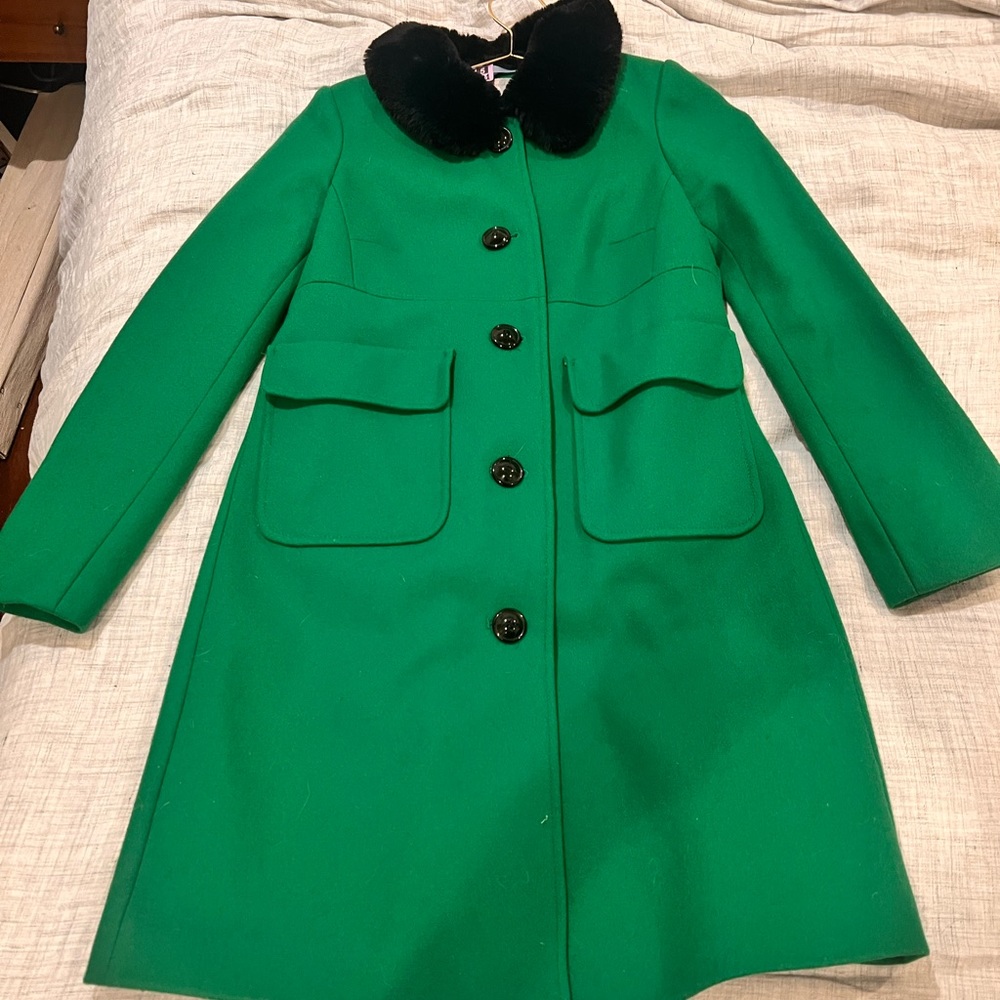 Boden green coat with black faux fur collar